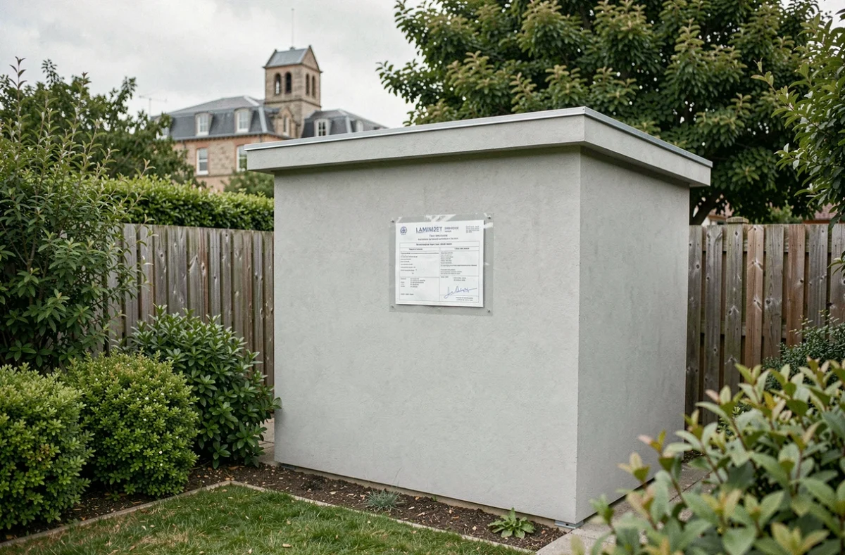Abri de jardin moderne avec affichage de permis de construire dans un jardin résidentiel