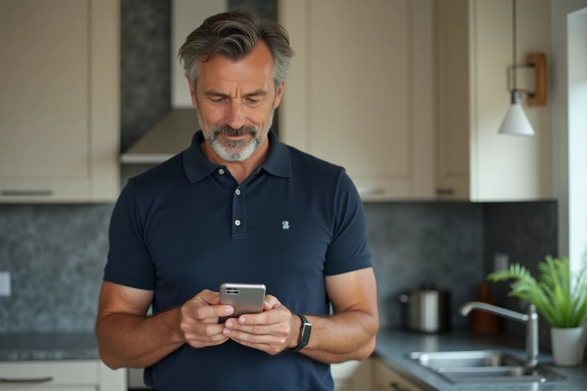 Homme consultant sa messagerie Wannonce sur smartphone dans une cuisine moderne