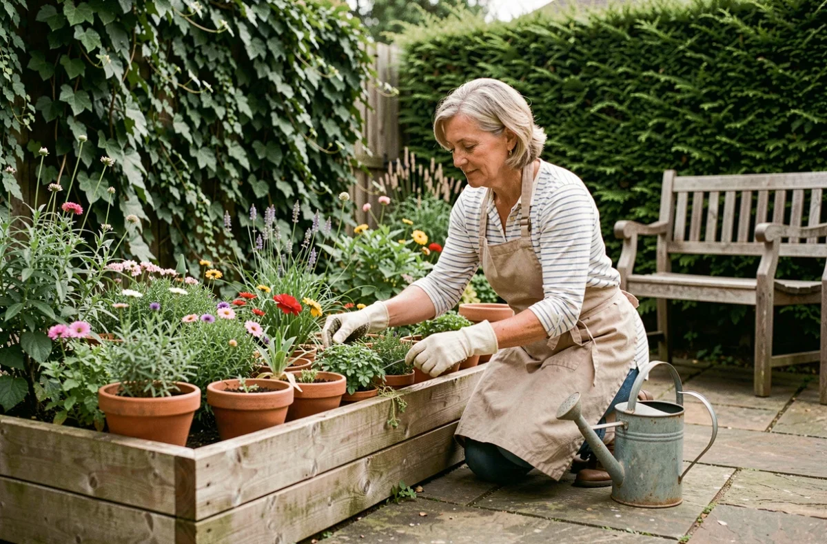 Femme aménageant un jardin avec des pots en terre cuite et des bacs en bois sur une terrasse en pierre