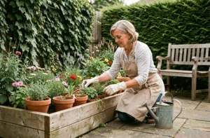 Femme aménageant un jardin avec des pots en terre cuite et des bacs en bois sur une terrasse en pierre