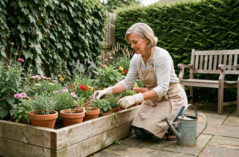 Femme aménageant un jardin avec des pots en terre cuite et des bacs en bois sur une terrasse en pierre
