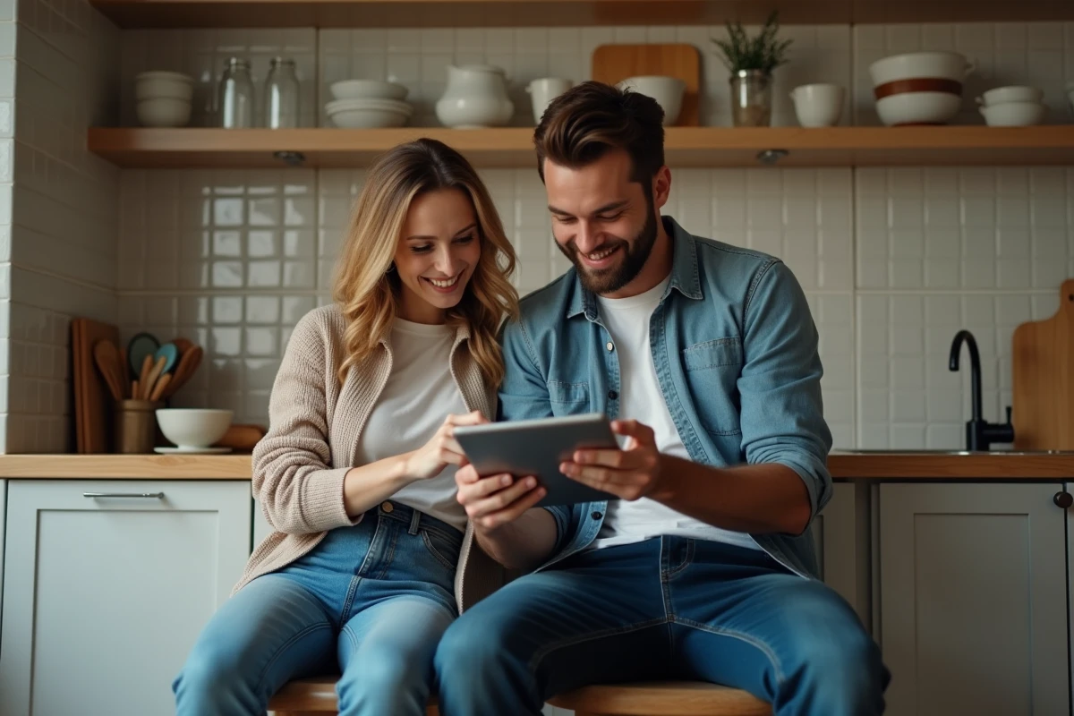 Deux amis explorant ensemble des plateformes de streaming légales sur une tablette dans une cuisine moderne