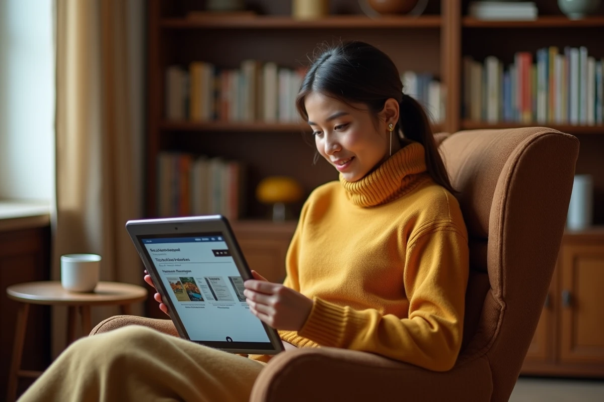 Femme en pull moutarde consultamt AnyFlip sur une tablette depuis un fauteuil de lecture dans un coin cosy avec bibliothèque en bois
