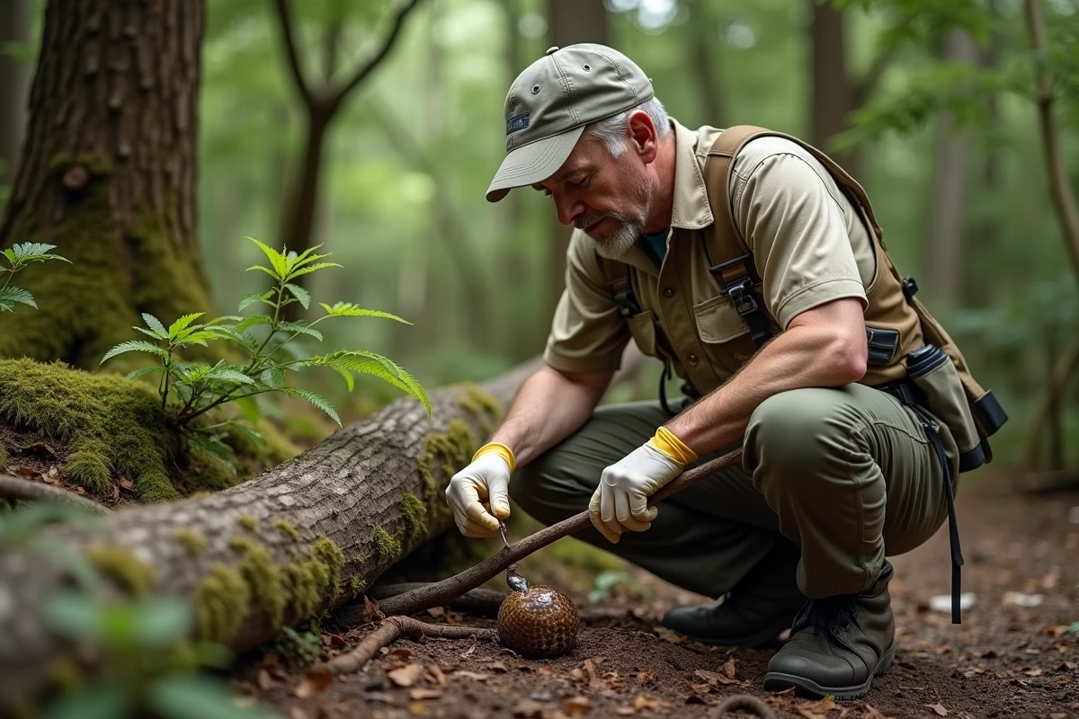 Biologiste de terrain en gants examinant des excréments de serpent près d'un tronc d'arbre en forêt tempérée