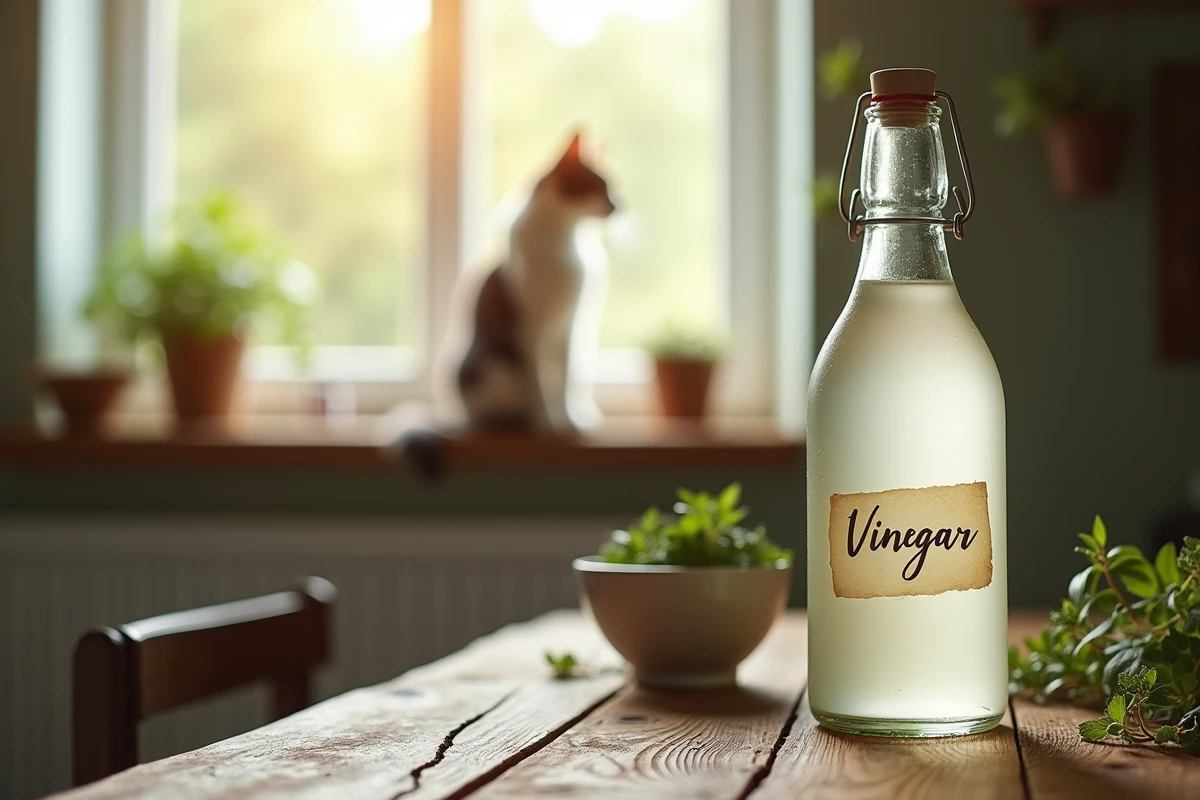 Bouteille de vinaigre blanc sur une table en bois avec un chat flou en arrière-plan près d'une fenêtre