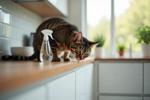 Chat tigré reniflant un spray de vinaigre blanc posé sur un plan de travail de cuisine