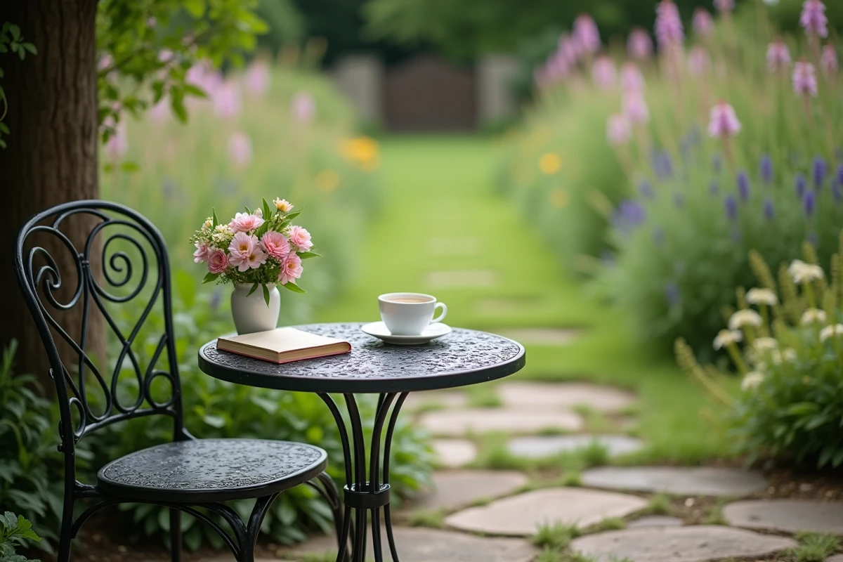 Coin de jardin intime avec table bistrot en fer forgé, livre ouvert et vase de fleurs sauvages sur dallage irrégulier