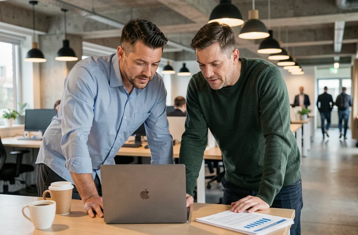 Deux collègues masculins collaborant sur un ordinateur portable dans un espace de coworking moderne lors d'une réunion informelle