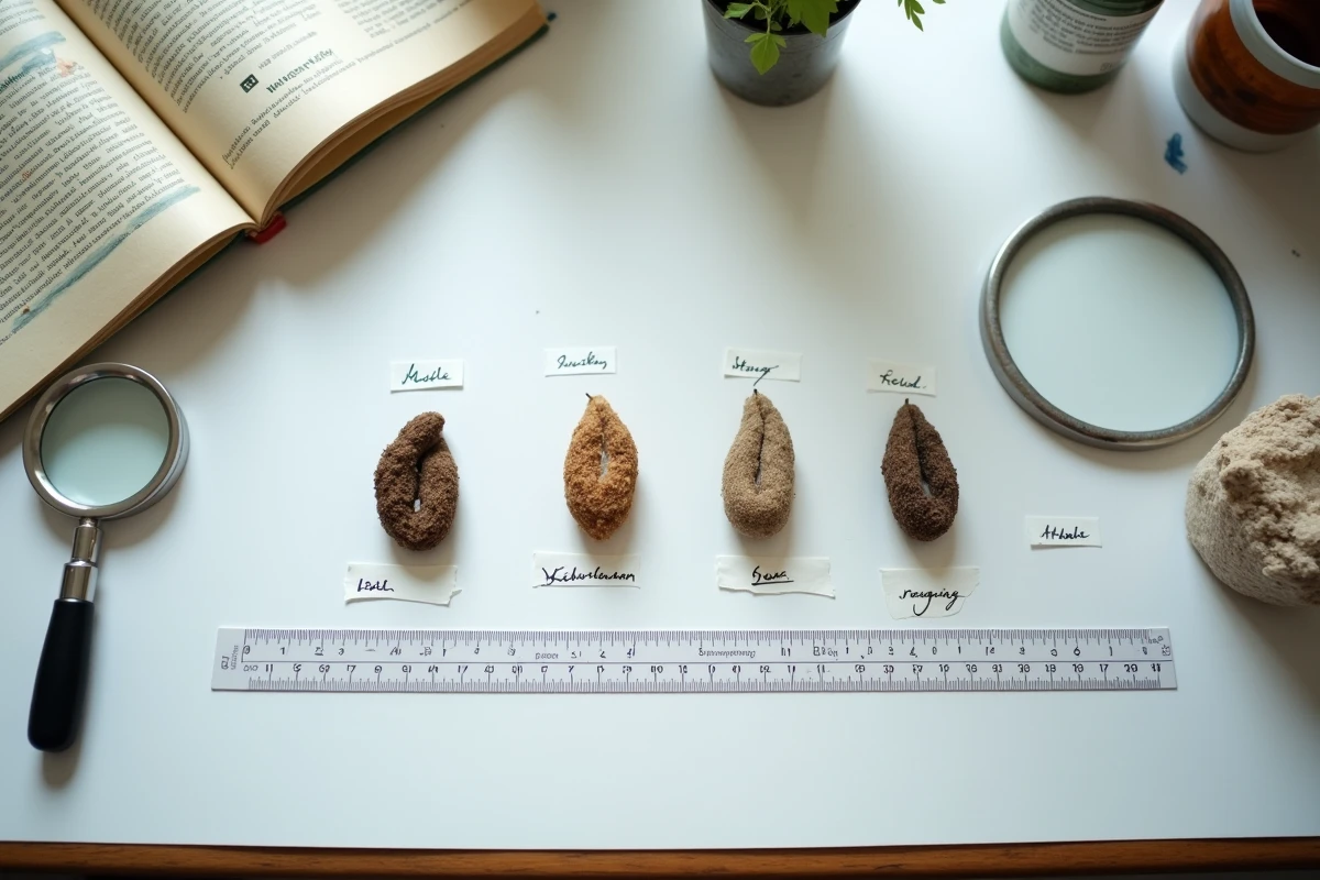 Comparaison scientifique d'échantillons d'excréments de serpent sur table de laboratoire avec règle et étiquettes d'identification