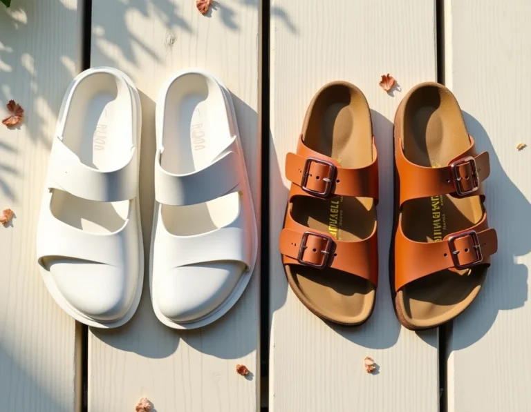 Comparatif sandales Billowy et Birkenstock posées côte à côte sur une terrasse en bois blanchi, vue du dessus
