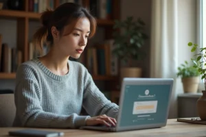 Femme connectée à sa messagerie Wannonce sur un ordinateur portable dans un bureau à domicile