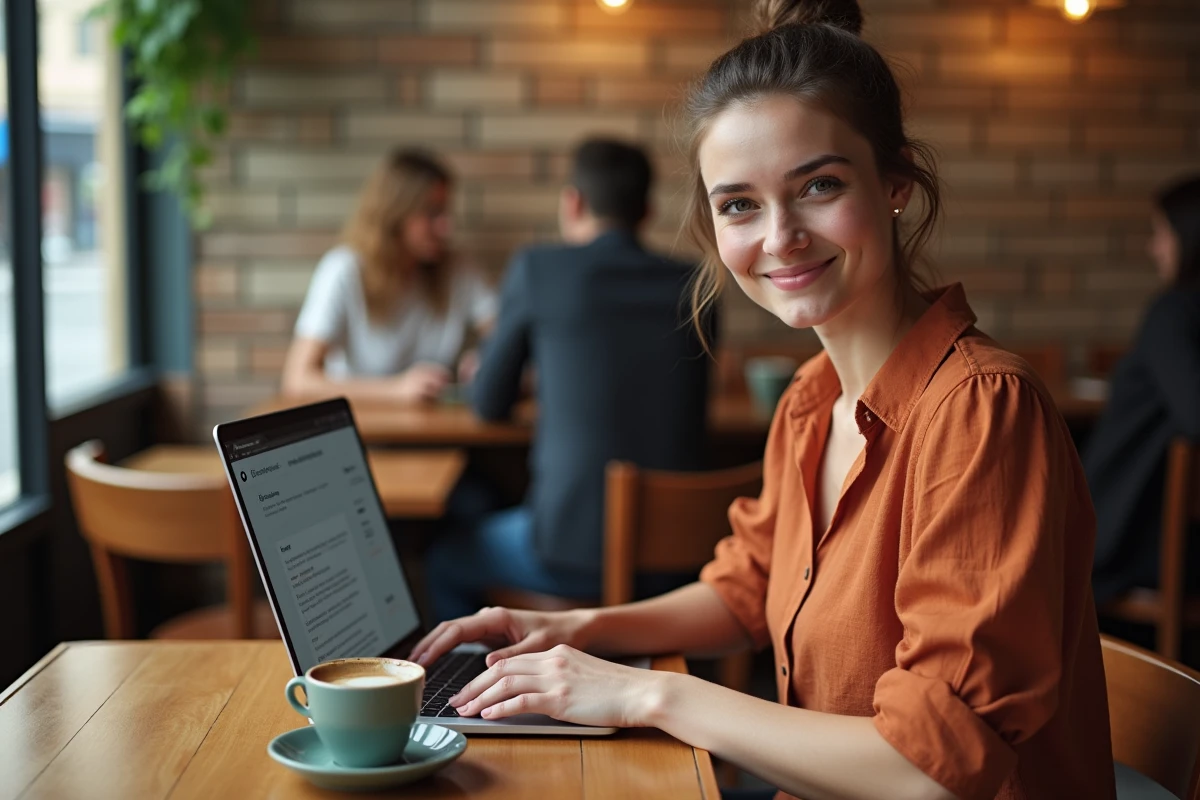 Jeune femme accédant à ses messages Wannonce sur ordinateur dans un café parisien