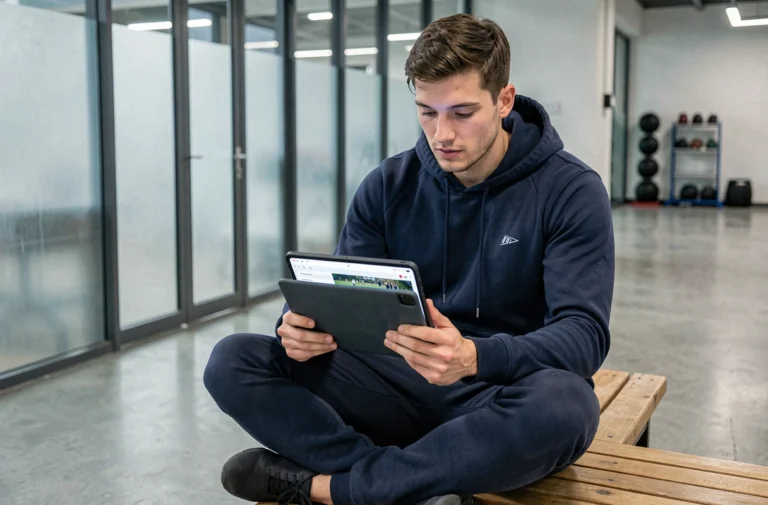 Homme consultant le plan du site d'un portail sportif sur une tablette dans un hall de complexe sportif