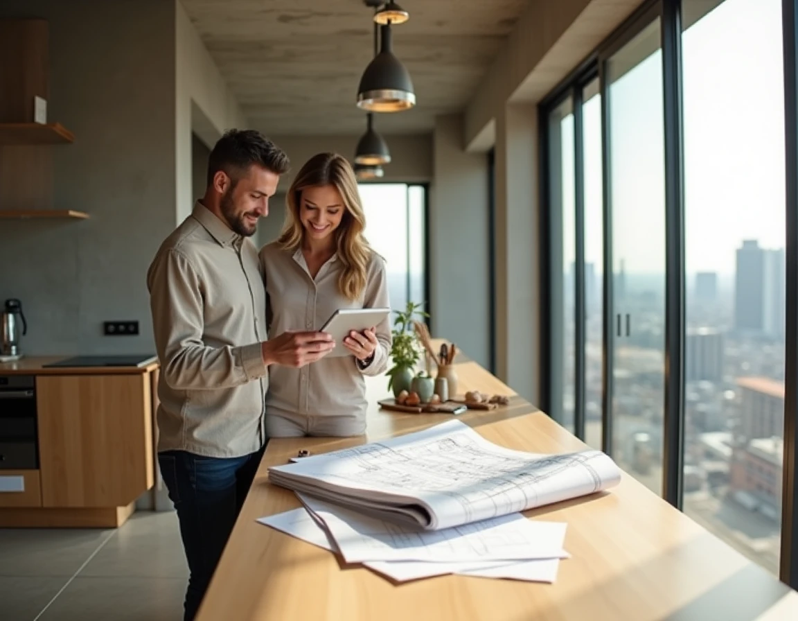 Couple consultant des plans immobiliers dans un appartement moderne avec vue sur la ville