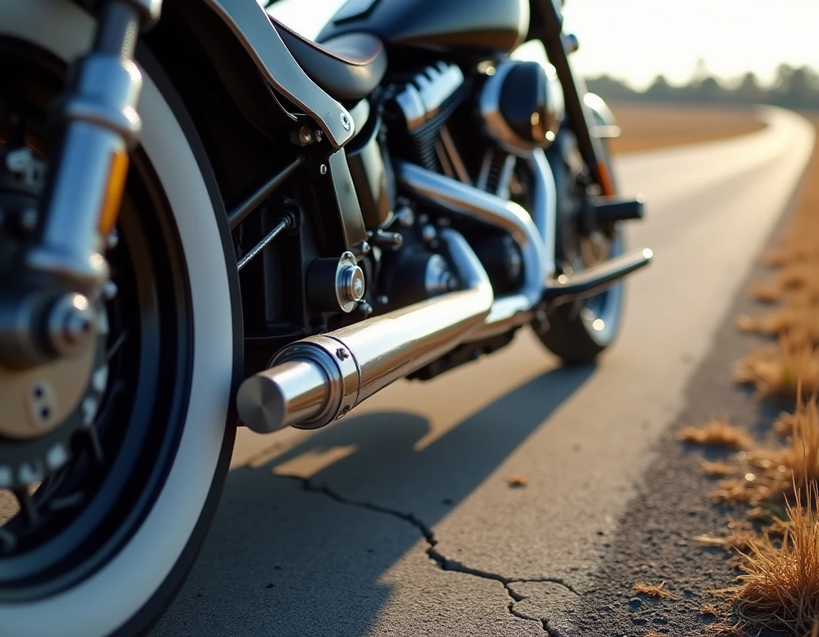 Détail du kit de conversion trike monté sur un cadre de moto cruiser avec ensemble essieu arrière en acier inoxydable