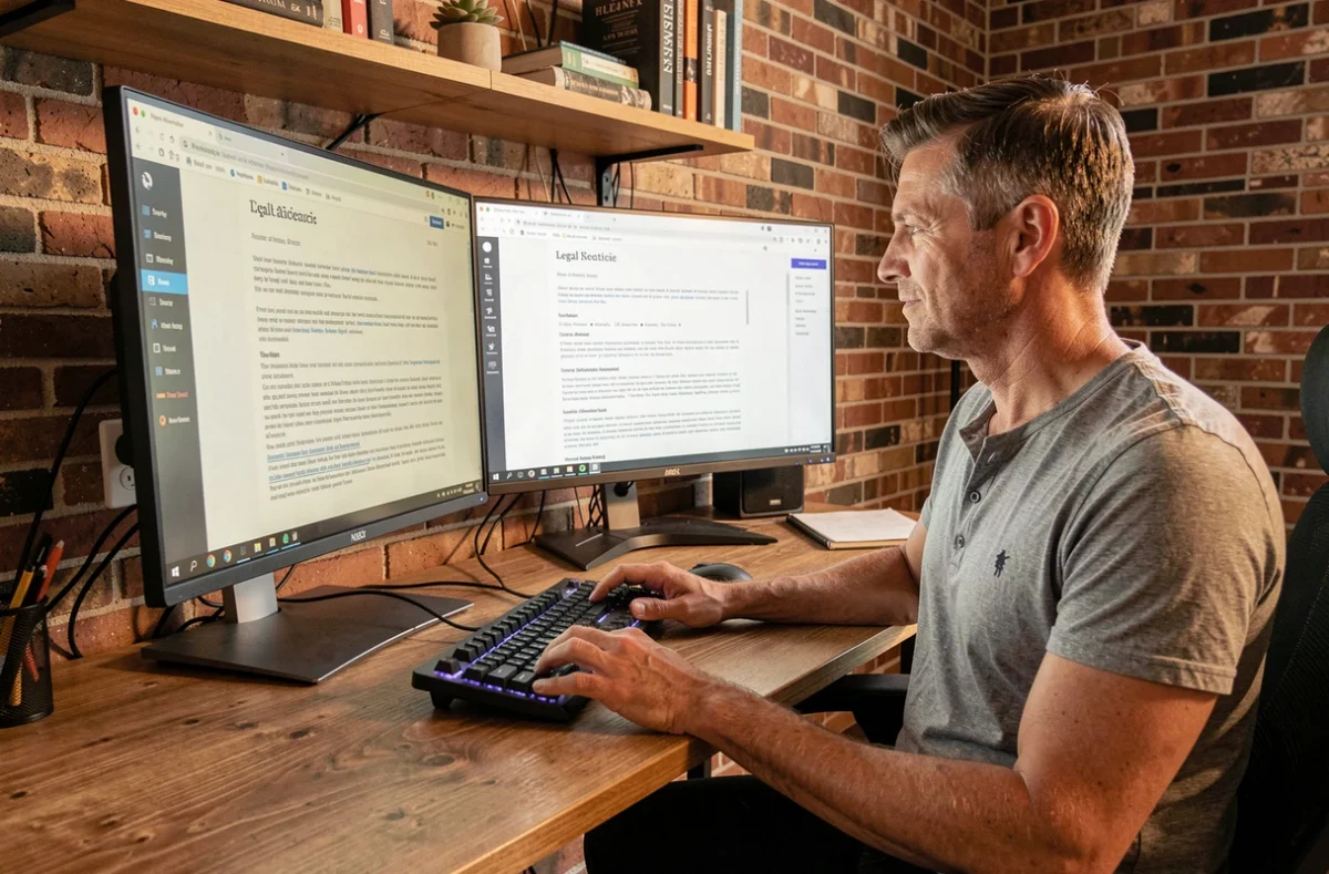 Développeur web masculin travaillant sur les mentions légales d'un site professionnel avec deux écrans dans un bureau à domicile