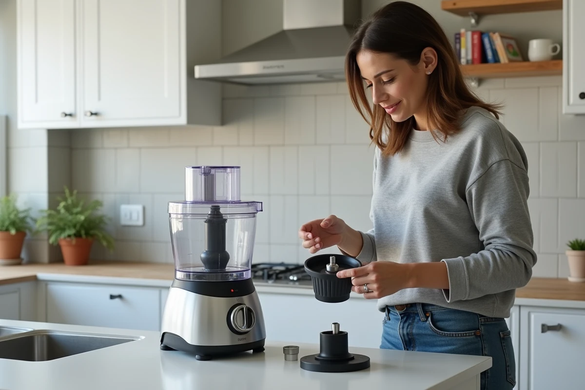 Femme examinant un robot coupe démontré sur un plan de travail de cuisine moderne avant de le faire réparer