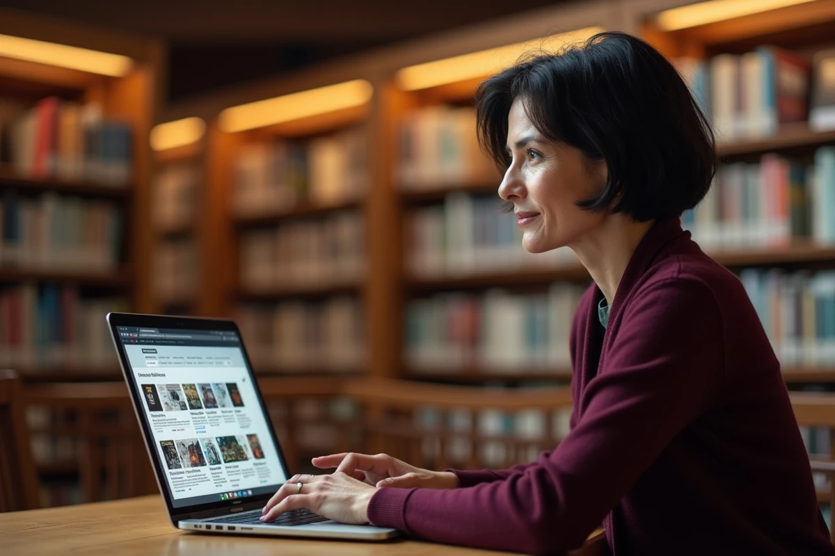 Femme en cardigan bordeaux utilisant un ordinateur portable pour télécharger des magazines sur Downmagaz.net dans une bibliothèque
