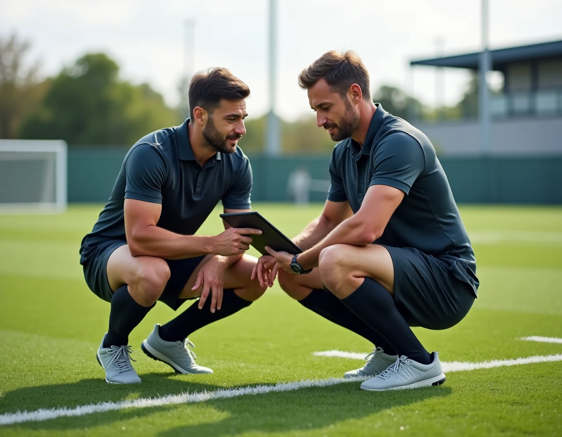Entraîneur sportif et athlète consultant des données de performance sur un terrain de football, portail de conseils sportifs