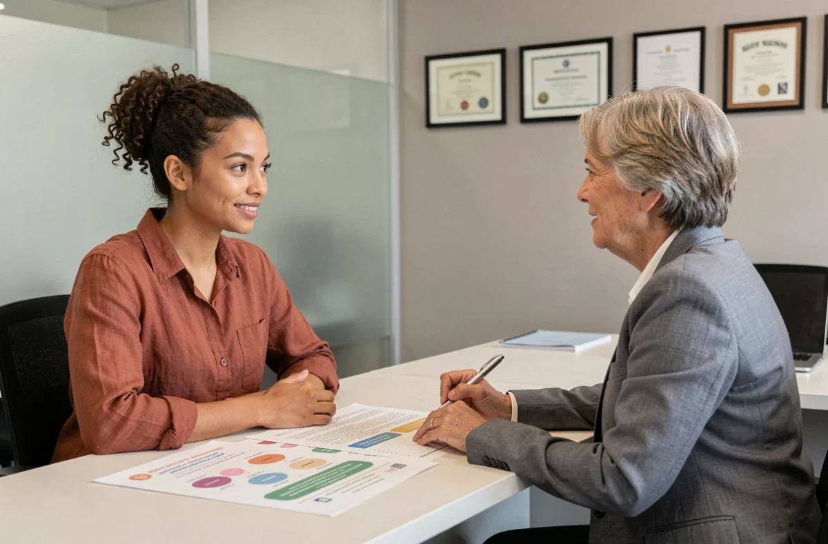 Entretien entre une jeune femme et une conseillère en orientation professionnelle autour de résultats de tests