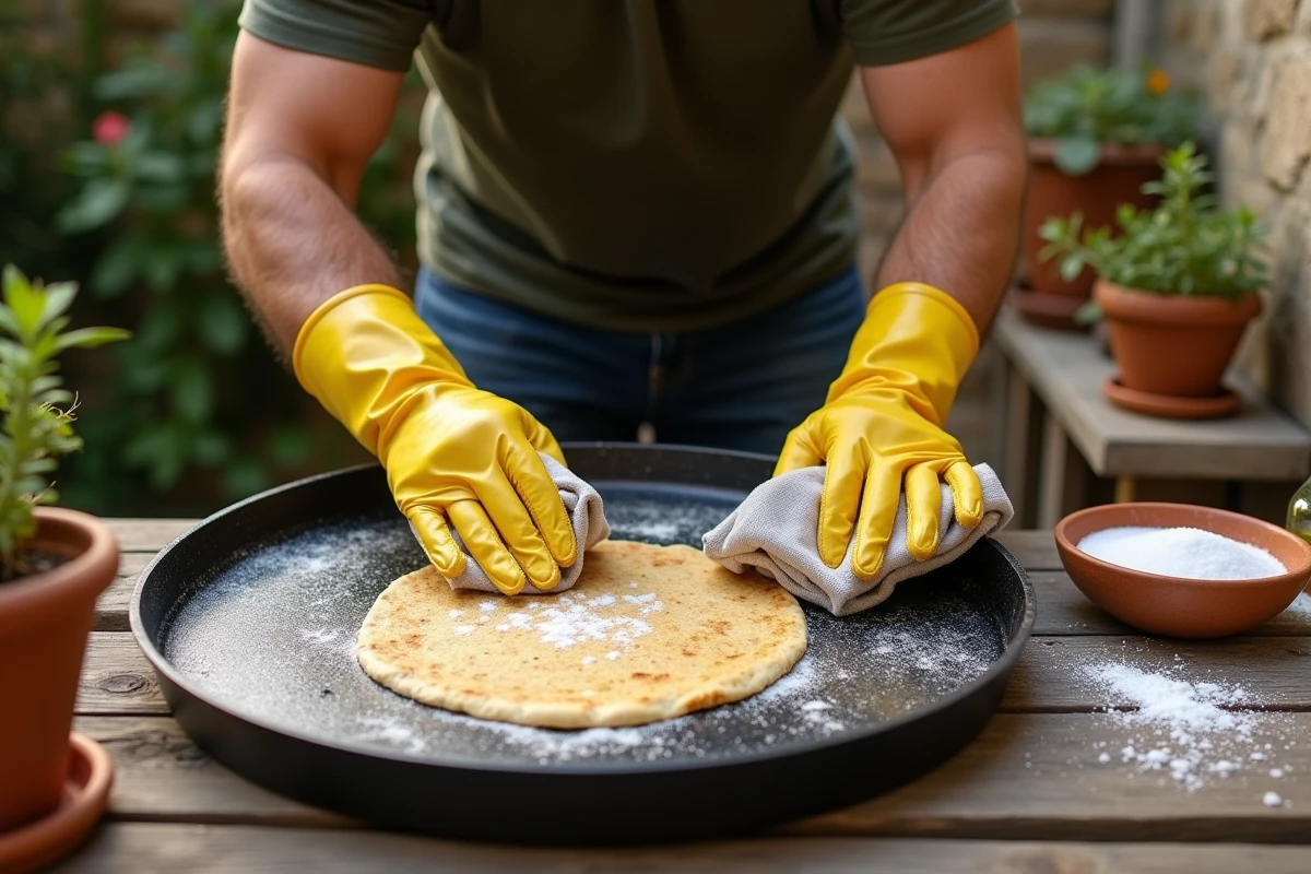 Homme utilisant du gros sel pour entretenir et nettoyer une plaque à socca ronde en plein air