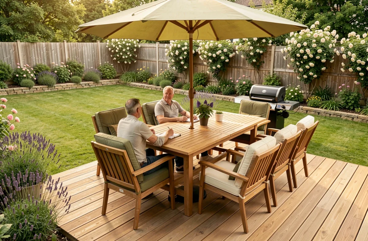 Couple profitant d'un espace détente aménagé dans le jardin avec mobilier en teck et parasol