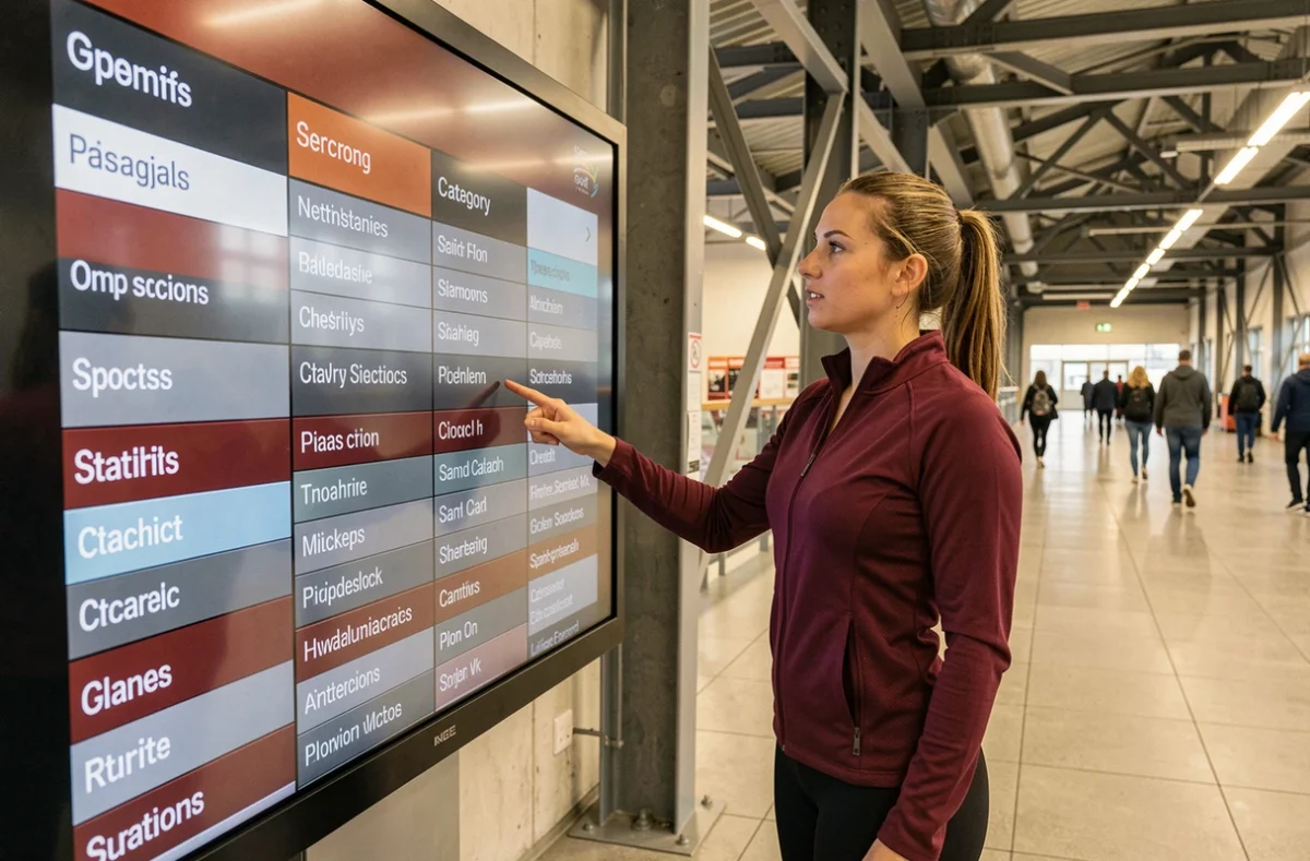 Femme explorant les rubriques sportives sur un panneau interactif dans une salle omnisports moderne
