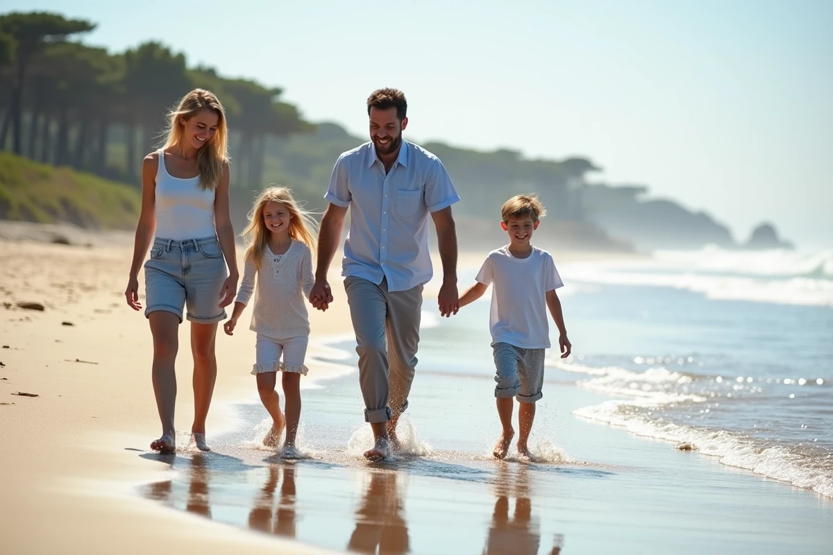 Famille marchant sur la plage Trottel avec sourires