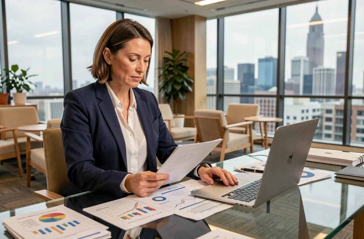 Femme d'affaires analysant des documents de financement dans un bureau moderne avec vue sur la ville