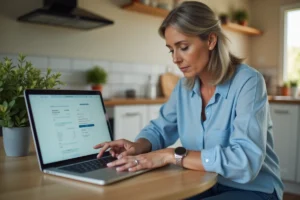 Femme concentrée utilisant une application bancaire sur son ordinateur