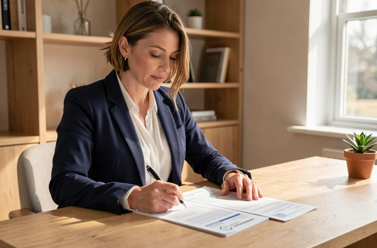 Femme consultant des formulaires de permis de construire pour un abri de jardin à son bureau