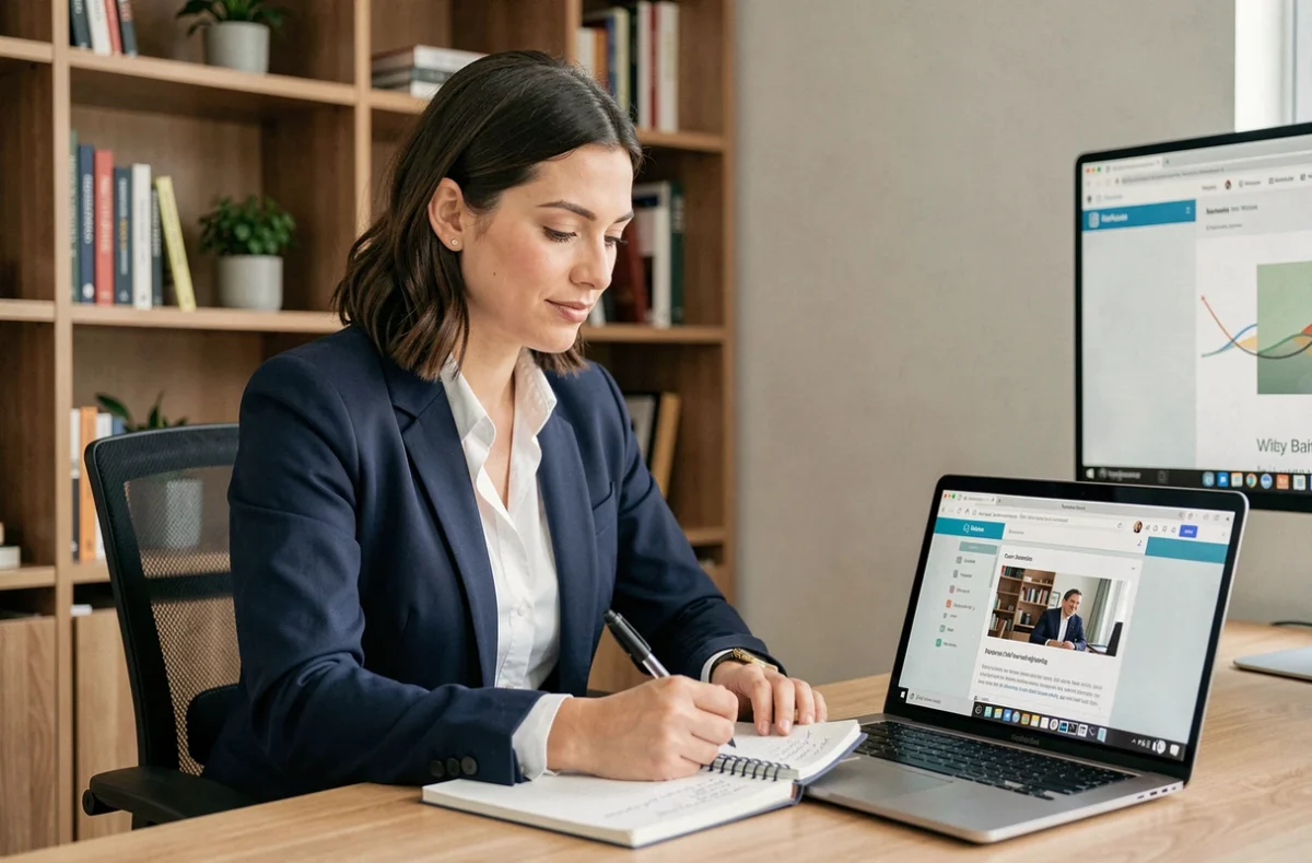 Femme professionnelle suivant une formation en ligne depuis son bureau à domicile, prenant des notes sur un carnet