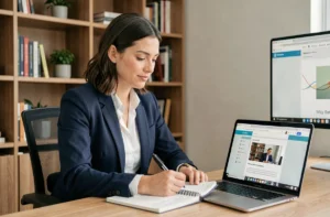 Femme professionnelle suivant une formation en ligne depuis son bureau à domicile, prenant des notes sur un carnet