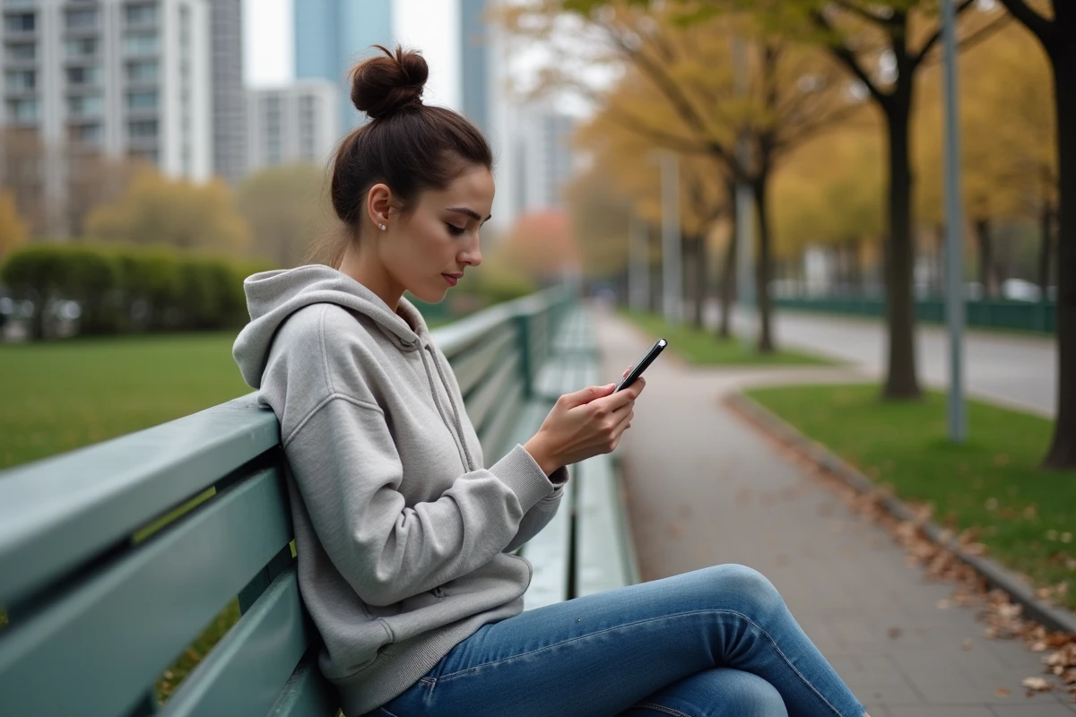 Femme assise dans un parc urbain utilisant son smartphone