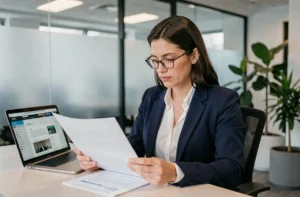 Femme professionnelle consultant des mentions légales imprimées dans un bureau moderne avec un site web ouvert sur son ordinateur portable