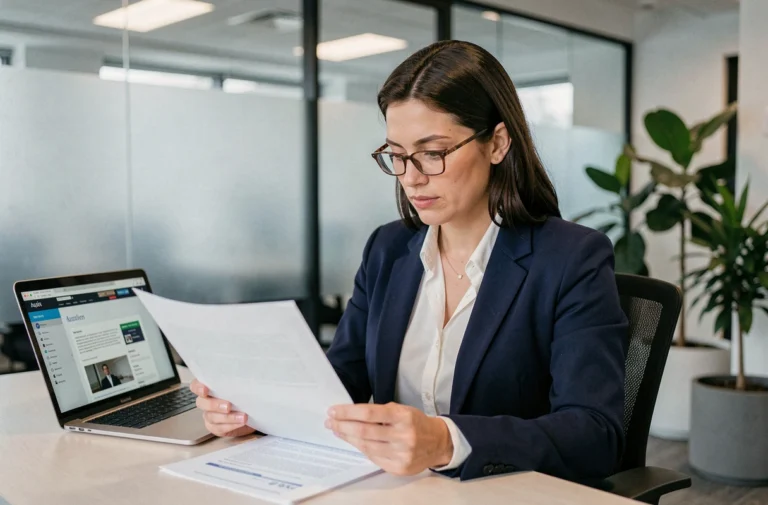 Femme professionnelle consultant des mentions légales imprimées dans un bureau moderne avec un site web ouvert sur son ordinateur portable