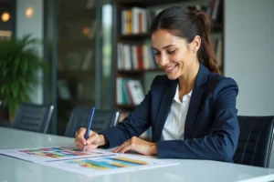 Femme professionnelle en réunion avec storyboard campagne