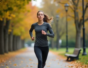 Femme sportive en train de courir sur un sentier urbain en automne, illustrant les conseils et actualités pour runners