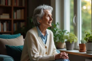 Femme senior en cardigan regardant par la fenêtre