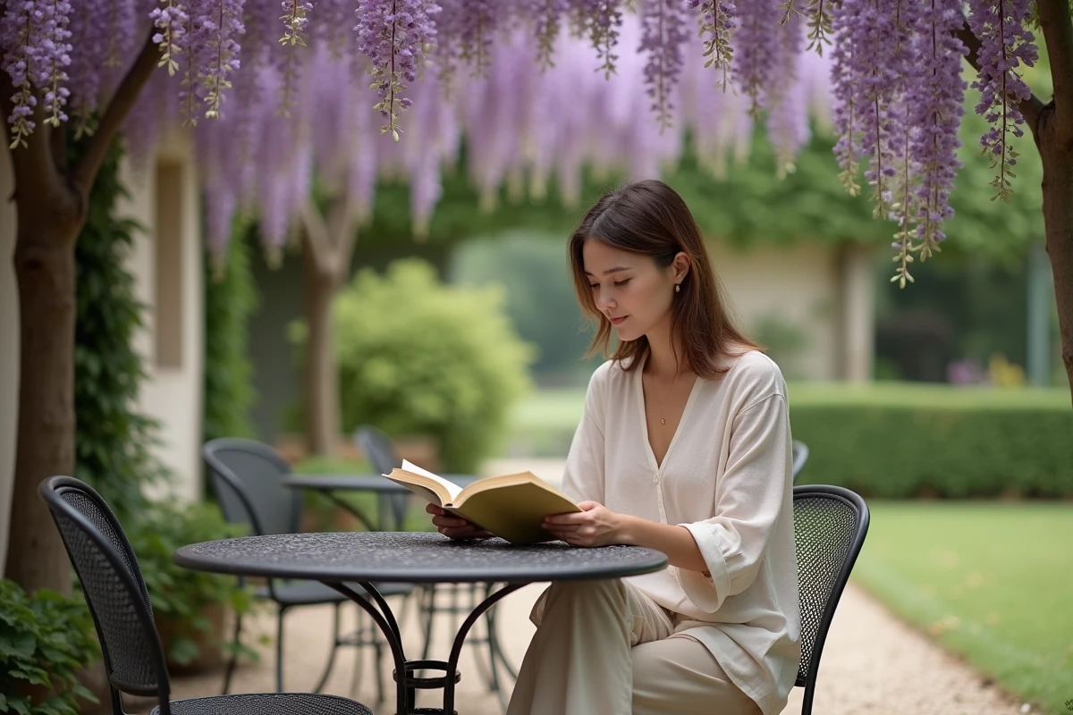 Femme lisant sous un parasol de glycine fleuri dans un jardin de style campagne française, ambiance détente et décoration jardin estivale