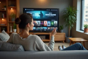 Jeune femme naviguant sur une plateforme de streaming légale depuis son salon moderne