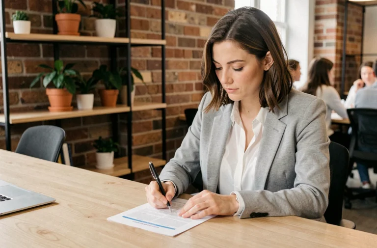 Femme remplissant un test d'orientation professionnelle dans un espace de coworking moderne