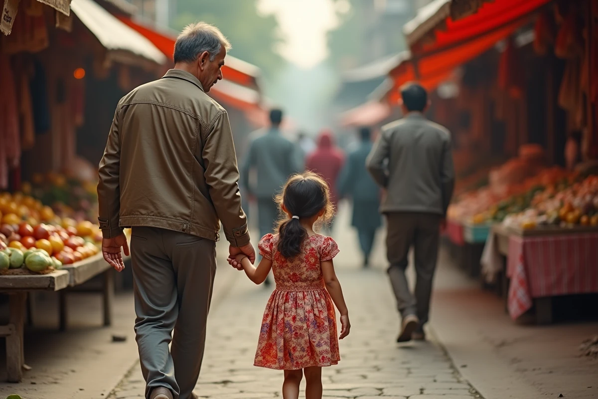 Fille et père marchant dans un marché coloré