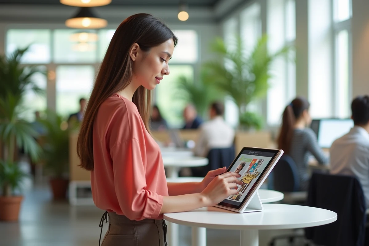 Jeune femme en blouse corail consultant FlipHTML5 sur une tablette dans un espace de co-working moderne avec des plantes vertes