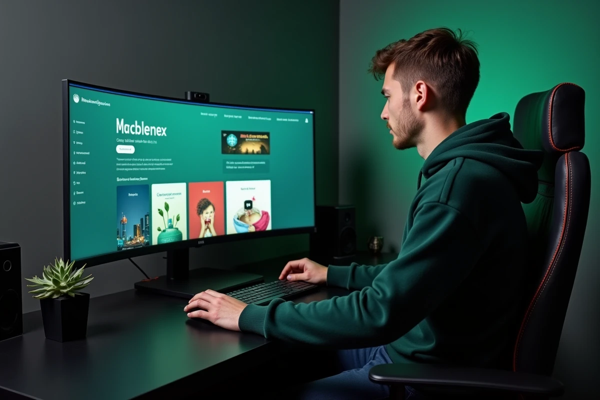Jeune homme naviguant sur FreeMagazines.Best depuis un grand écran incurvé dans un bureau à domicile sombre et organisé