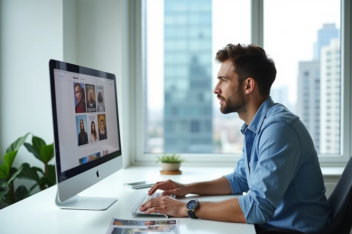 Homme consultant le site FreeMagazines.top sur un écran d'ordinateur de bureau affichant une grille de couvertures de magazines