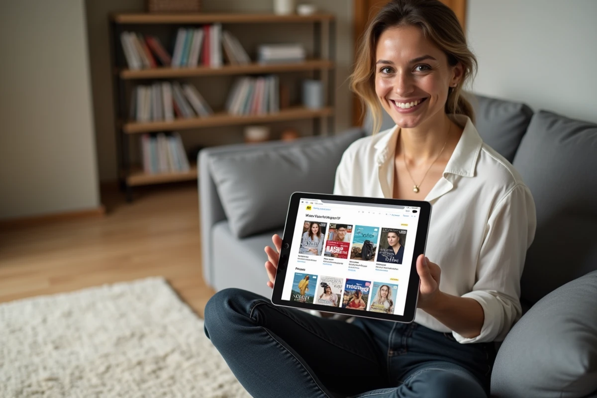 Femme assise sur un canapé gris consultant FreeMagazinesPDF.com sur une tablette affichant des vignettes de magazines en PDF