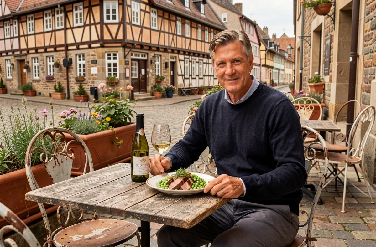 Homme savourant la cuisine traditionnelle luxembourgeoise en terrasse dans la vieille ville de Luxembourg