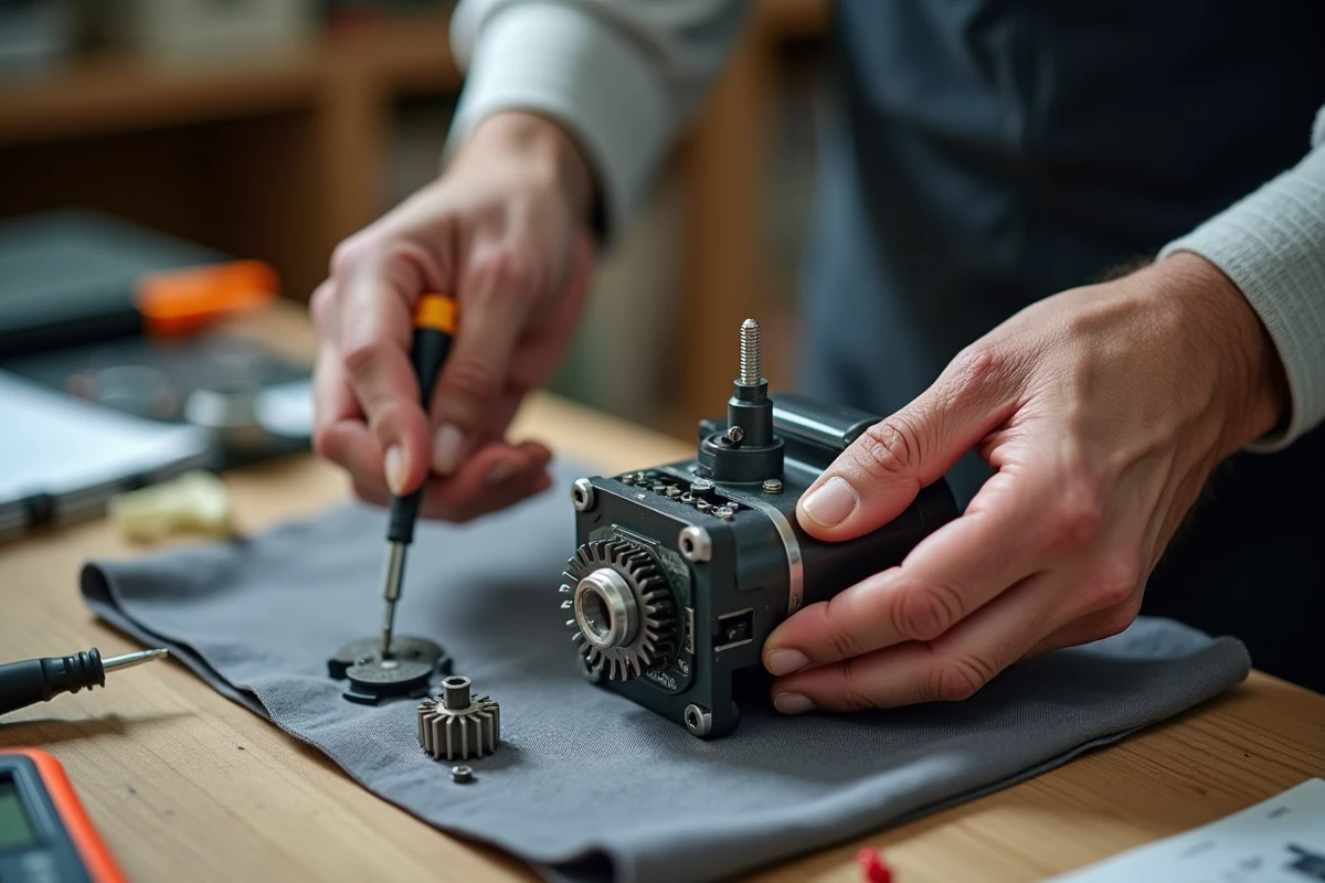 Gros plan sur les mains d'un technicien réassemblant le mécanisme d'un robot coupe dans un atelier de réparation spécialisé