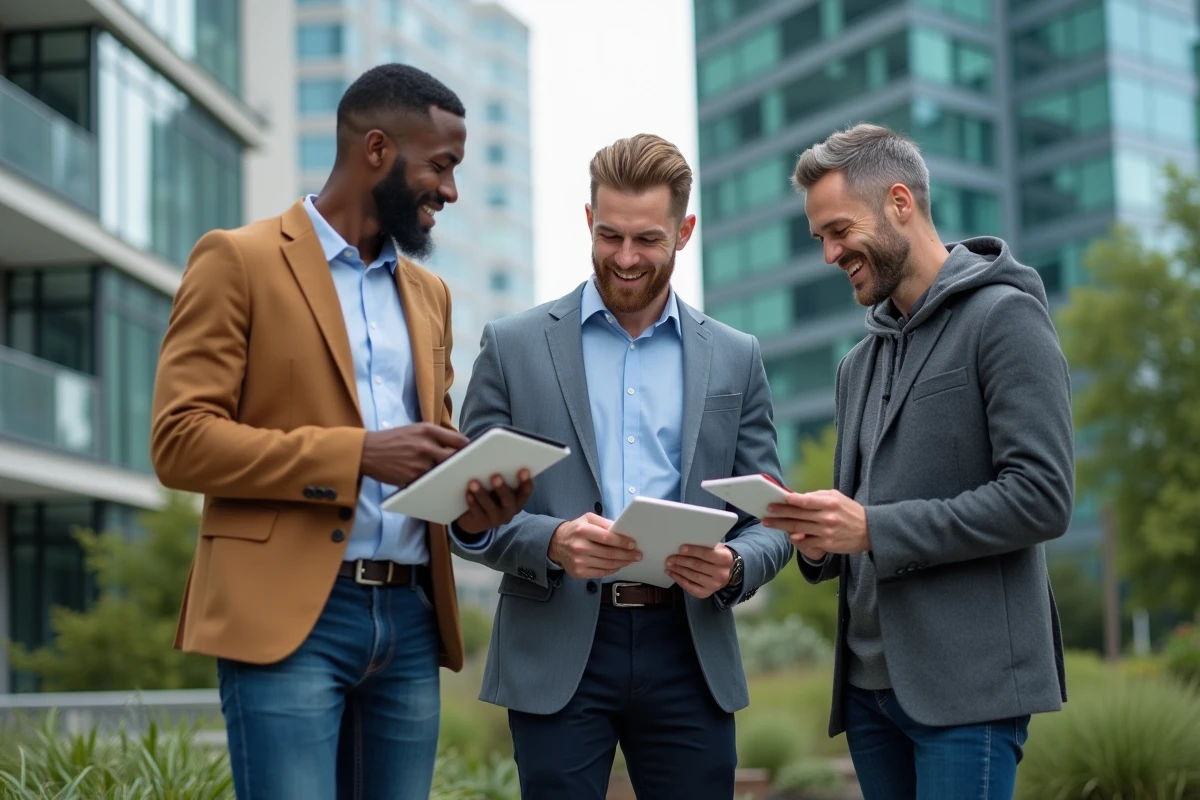 Groupe de coworkers discutant devant un bâtiment moderne